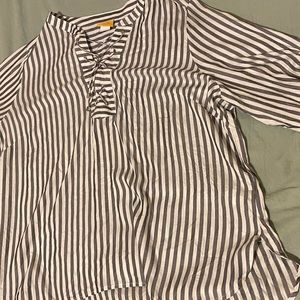 Ruby Rd. Blue and White Striped Mid Length Sleeve Tie Up Top